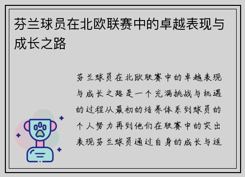 芬兰球员在北欧联赛中的卓越表现与成长之路