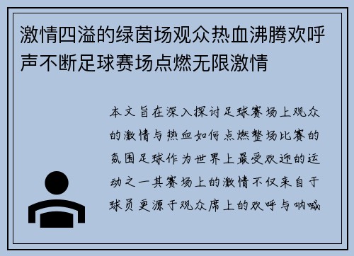 激情四溢的绿茵场观众热血沸腾欢呼声不断足球赛场点燃无限激情