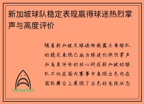 新加坡球队稳定表现赢得球迷热烈掌声与高度评价